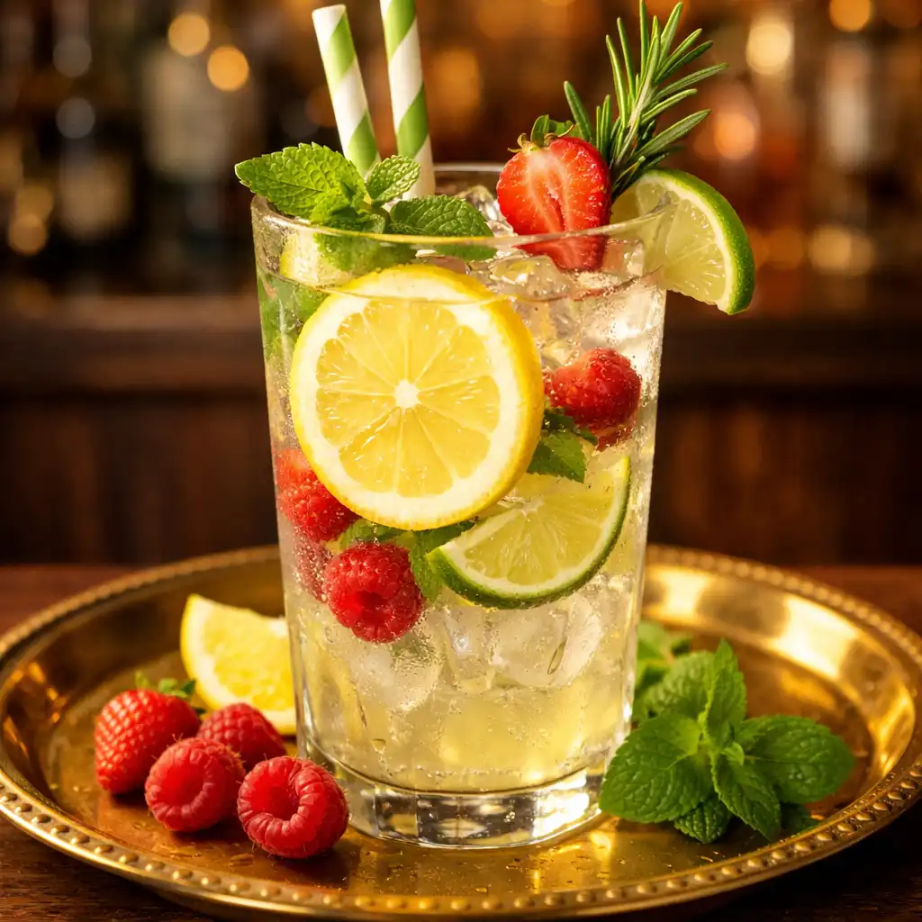 Friss limonádé gyümölcsökkel és fűszernövényekkel díszítve, sárgaréz tálcán